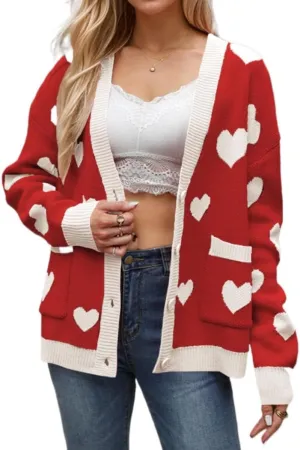 Women Cute Heart Oversized Cardigan Open Front Button Down Love Print Knit Sweater Y2k Kawaii Clothes