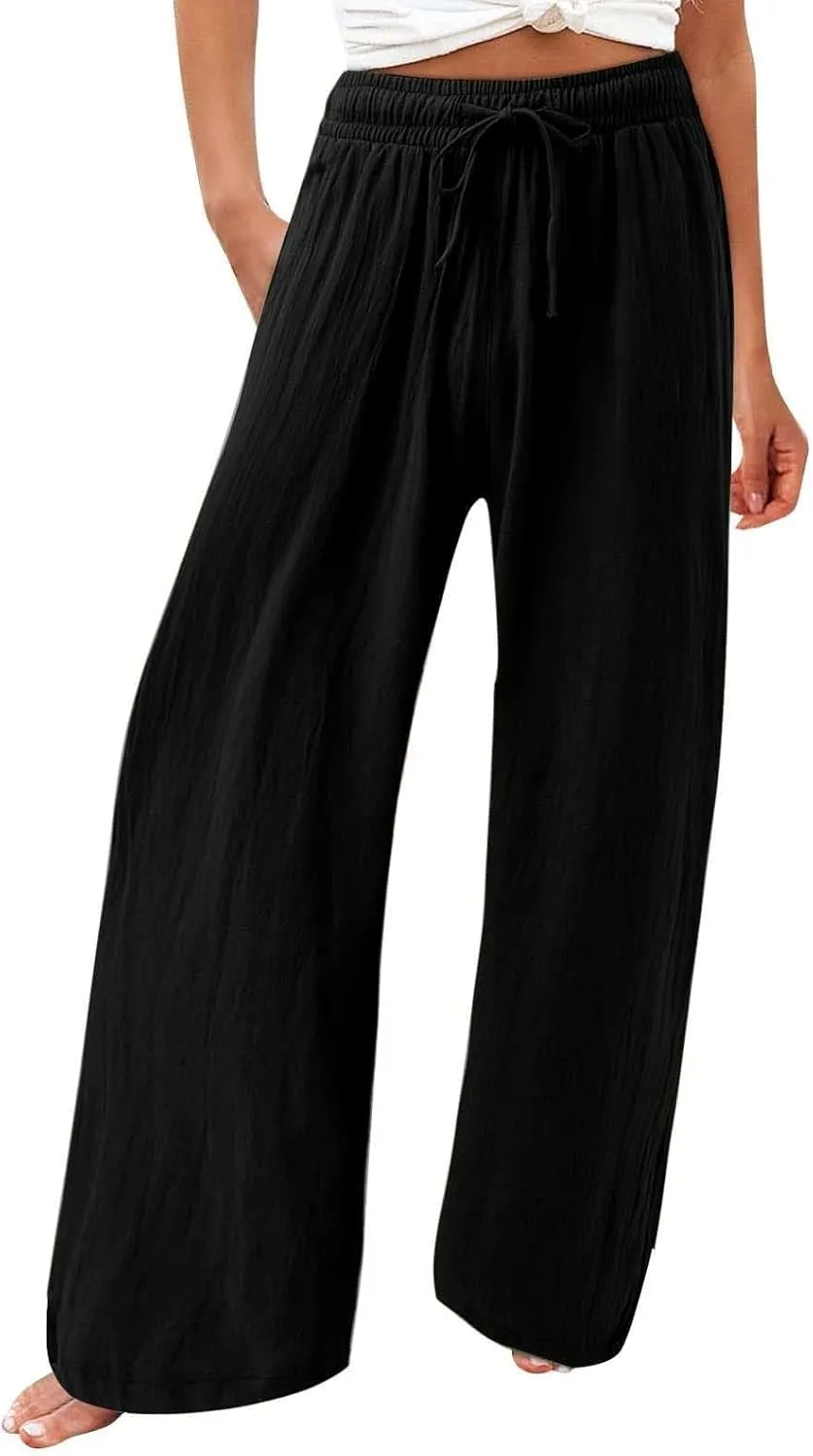 Women Flowy Linen Palazzo Pants Drawstring Elastic Waist Wide Leg Trousers Summer Beach Loose Fit Slacks with Pockets