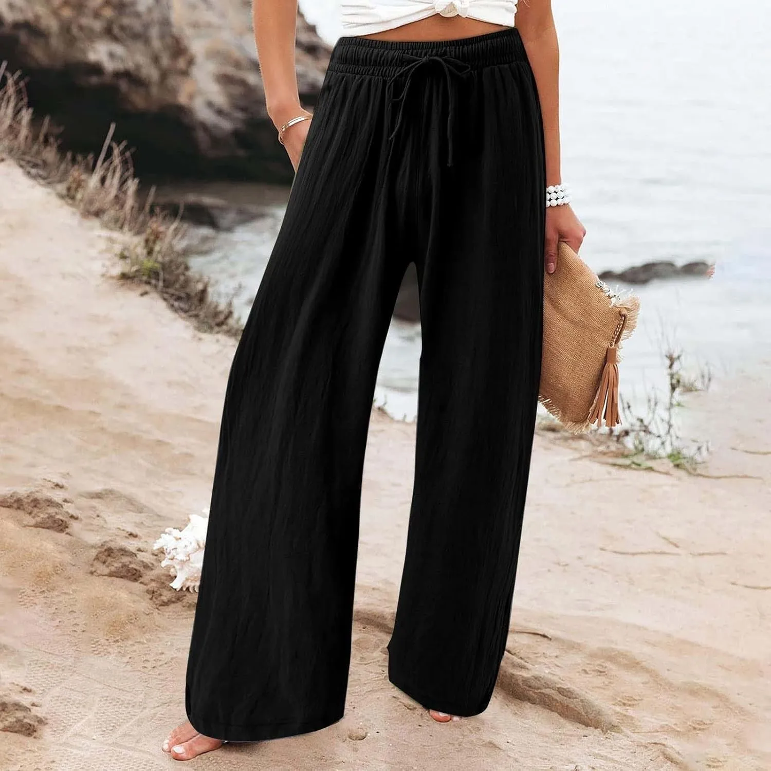 Women Flowy Linen Palazzo Pants Drawstring Elastic Waist Wide Leg Trousers Summer Beach Loose Fit Slacks with Pockets