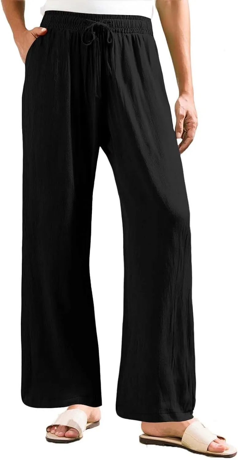 Women Flowy Linen Palazzo Pants Drawstring Elastic Waist Wide Leg Trousers Summer Beach Loose Fit Slacks with Pockets
