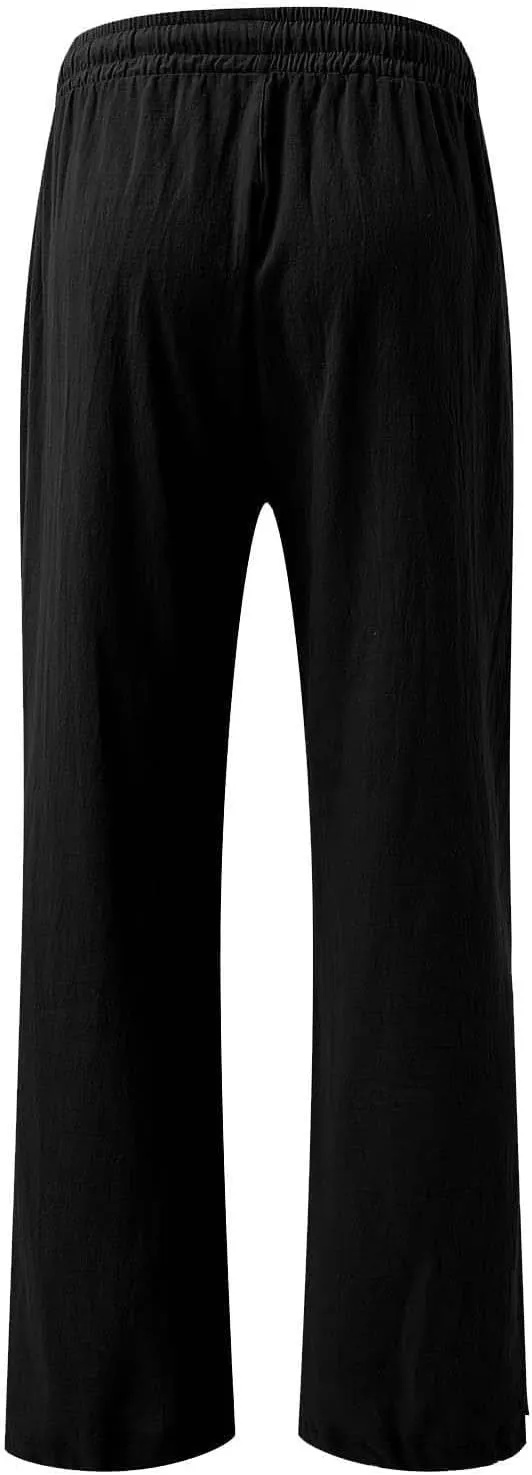 Women Flowy Linen Palazzo Pants Drawstring Elastic Waist Wide Leg Trousers Summer Beach Loose Fit Slacks with Pockets