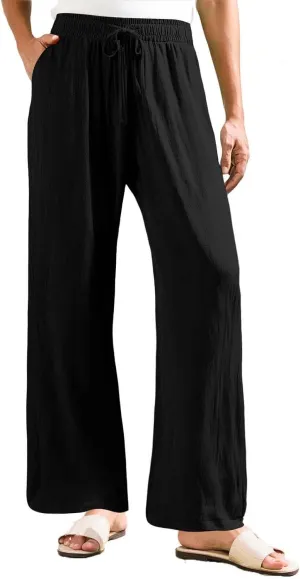 Women Flowy Linen Palazzo Pants Drawstring Elastic Waist Wide Leg Trousers Summer Beach Loose Fit Slacks with Pockets