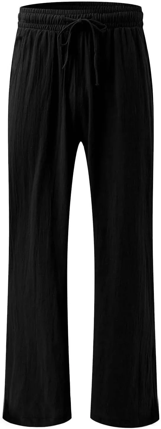 Women Flowy Linen Palazzo Pants Drawstring Elastic Waist Wide Leg Trousers Summer Beach Loose Fit Slacks with Pockets