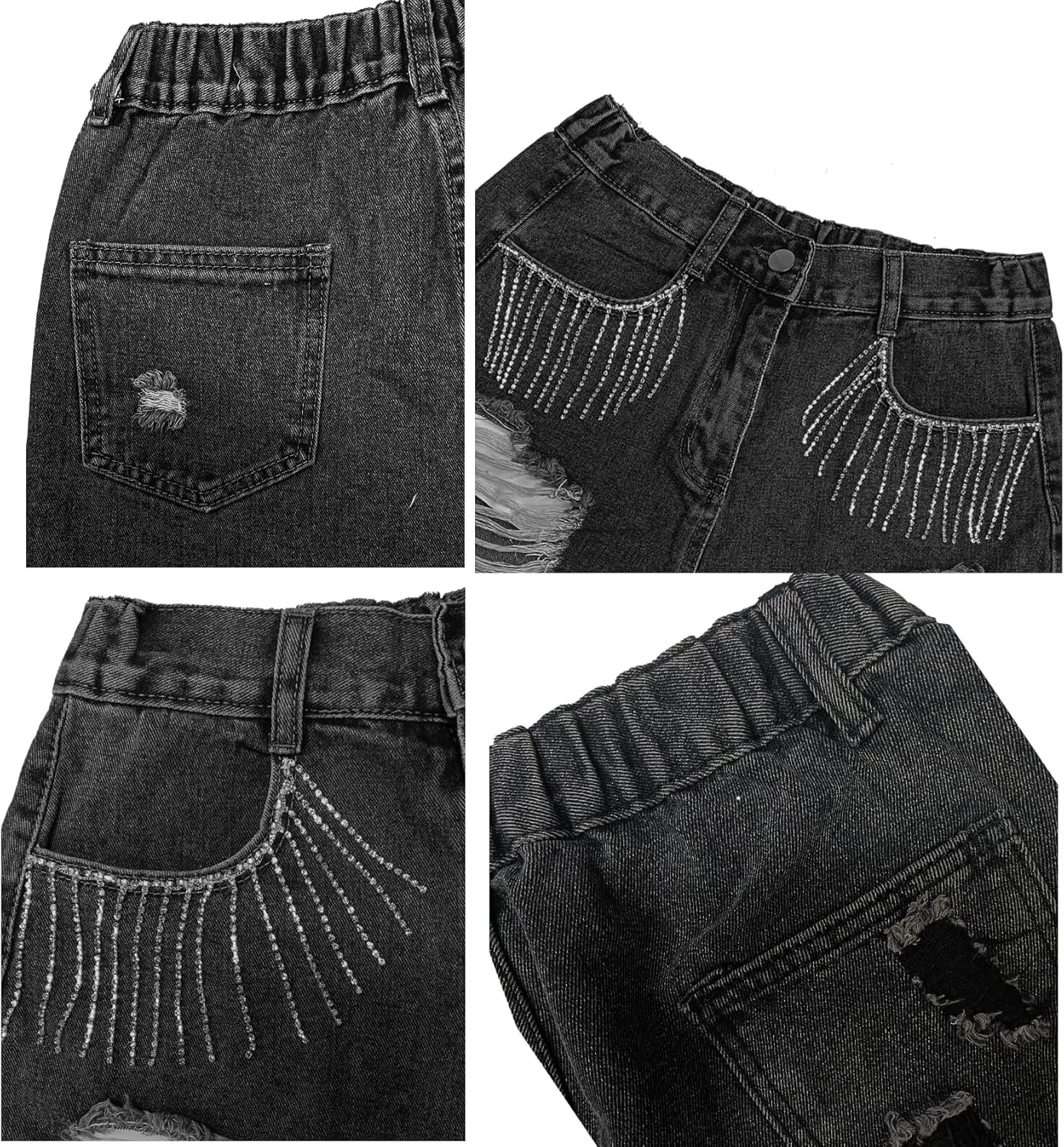 Women High Rise Ripped Denim Shorts Casual Stretch Tassels Raw Hem Jean Shorts