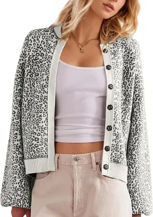 Women Leopard Print Cardigan Button Down Long Sleeve Cheetah Graphic Y2K Knit Open Front Sweater Coats