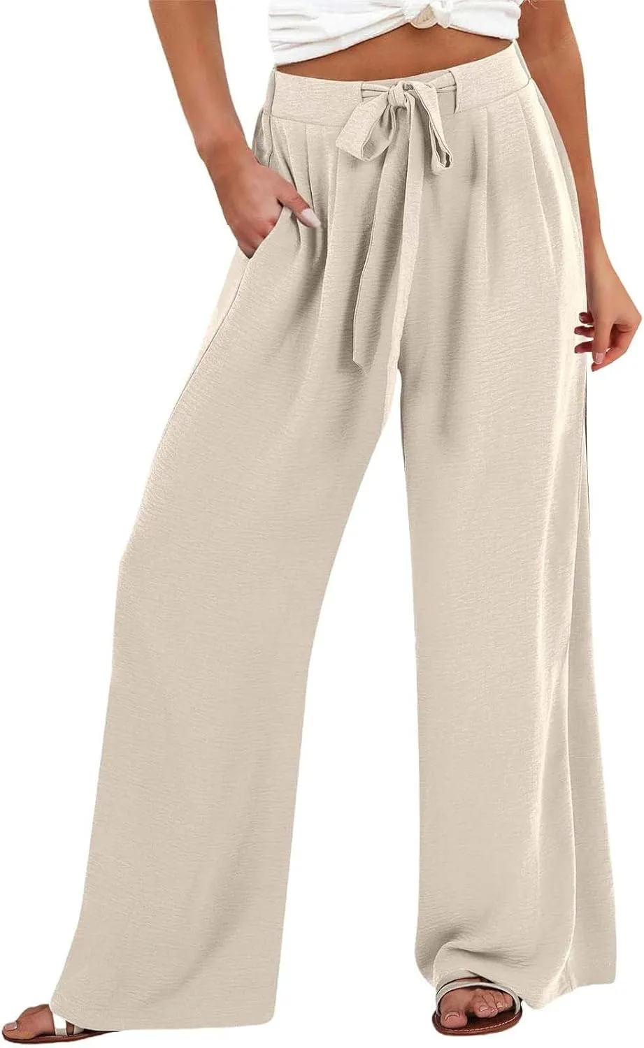 Women Linen Pants Casual Loose High Waist Wide Leg Beach Trousers with Pocket Summer Boho Outfits Trendy Clothes