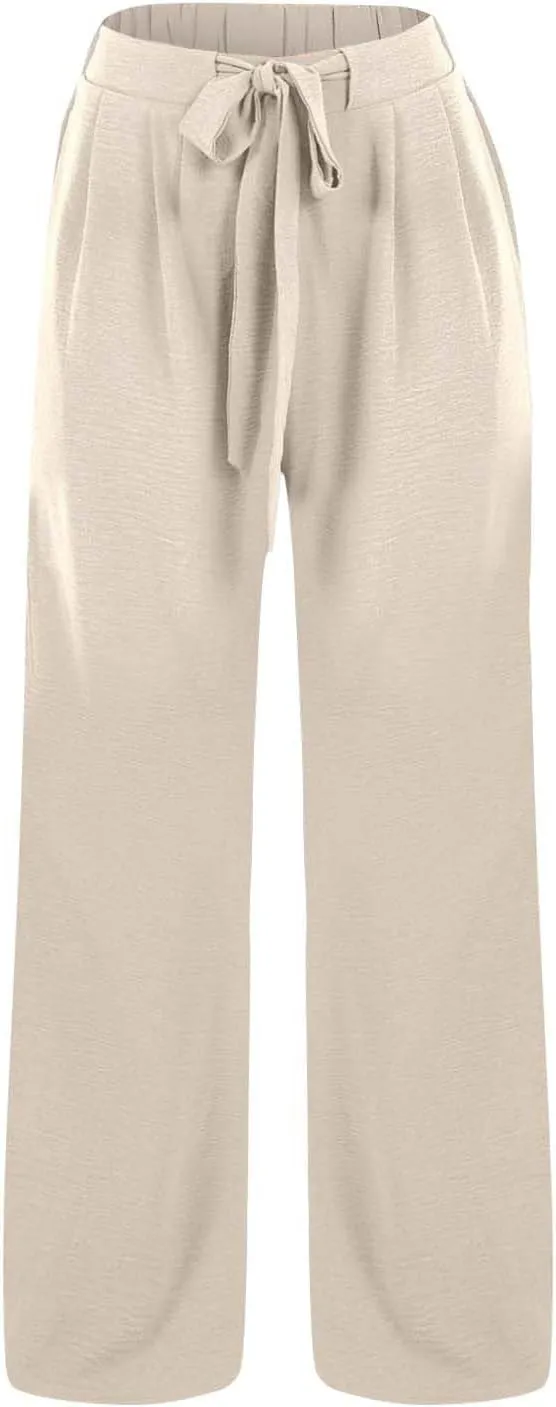 Women Linen Pants Casual Loose High Waist Wide Leg Beach Trousers with Pocket Summer Boho Outfits Trendy Clothes