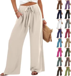 Women Linen Pants Casual Loose High Waist Wide Leg Beach Trousers with Pocket Summer Boho Outfits Trendy Clothes