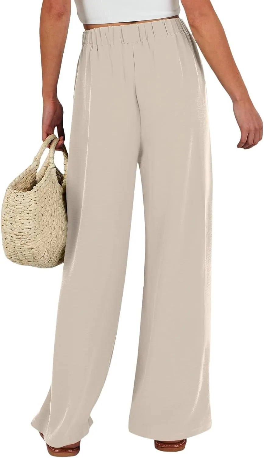 Women Linen Pants Casual Loose High Waist Wide Leg Beach Trousers with Pocket Summer Boho Outfits Trendy Clothes