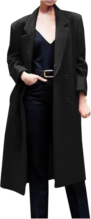 Women Notched Lapel Collar Pea Coat Double Breasted Loose Over Coats Long Sleeve Casual Fashion Jackets