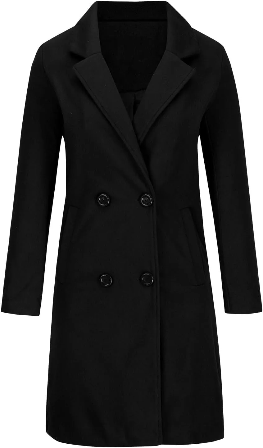 Women Notched Lapel Collar Pea Coat Double Breasted Loose Over Coats Long Sleeve Casual Fashion Jackets