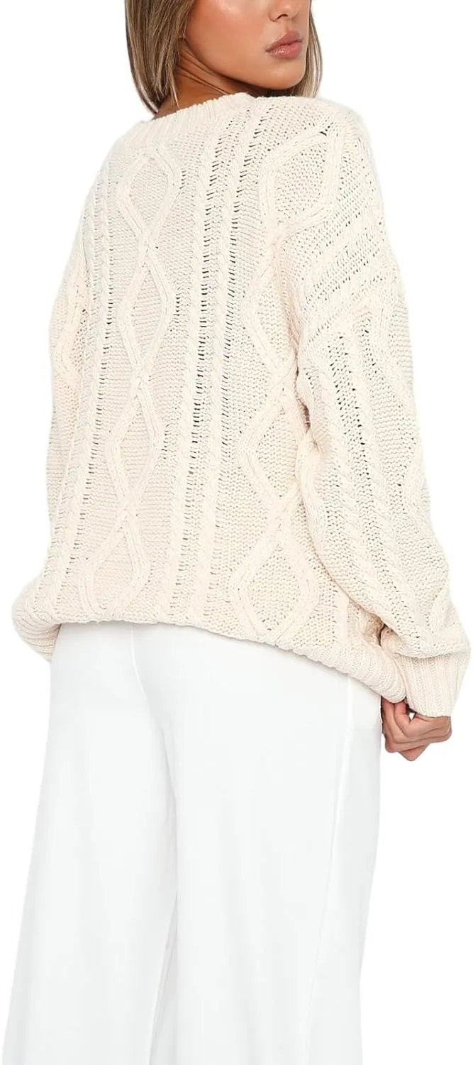 Women Oversized Cable Knit Sweater Y2K Casual Long Sleeve Pullover Sweater Vintage Aesthetic Streetwear