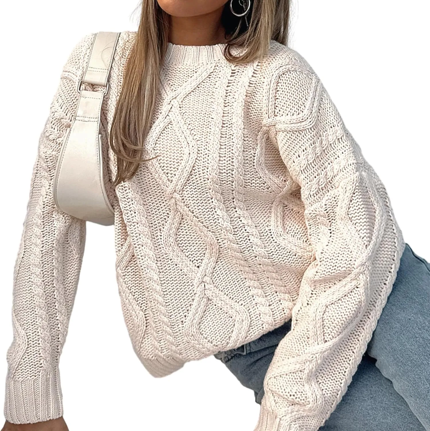 Women Oversized Cable Knit Sweater Y2K Casual Long Sleeve Pullover Sweater Vintage Aesthetic Streetwear