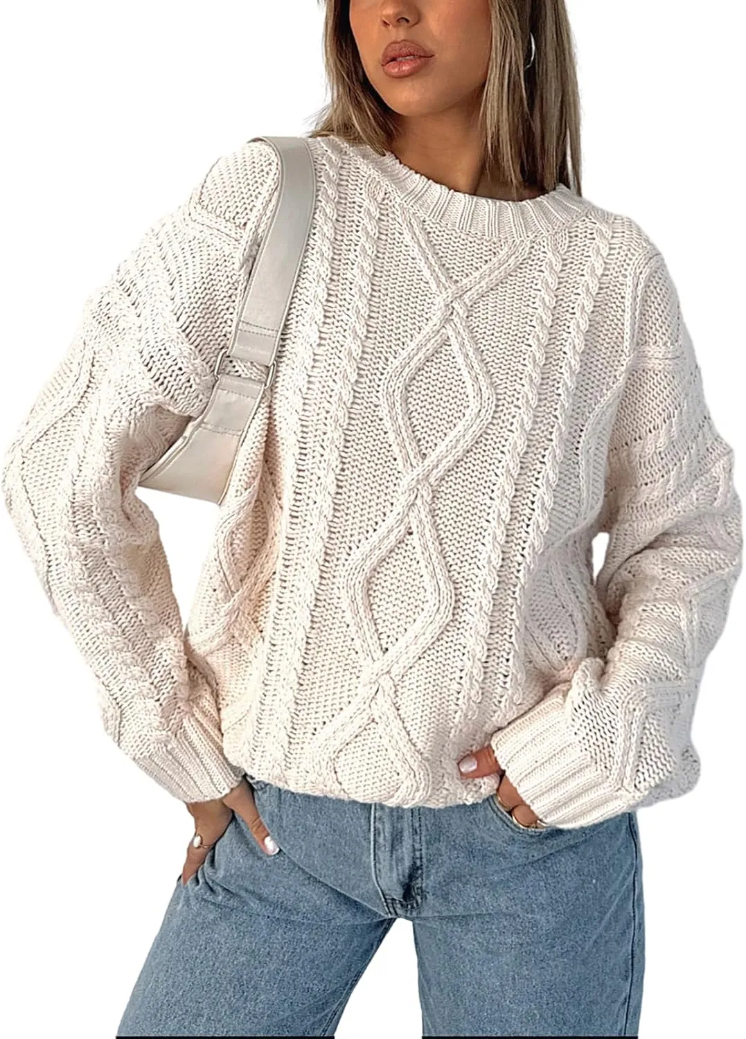 Women Oversized Cable Knit Sweater Y2K Casual Long Sleeve Pullover Sweater Vintage Aesthetic Streetwear