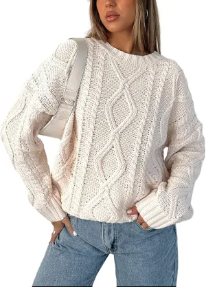 Women Oversized Cable Knit Sweater Y2K Casual Long Sleeve Pullover Sweater Vintage Aesthetic Streetwear