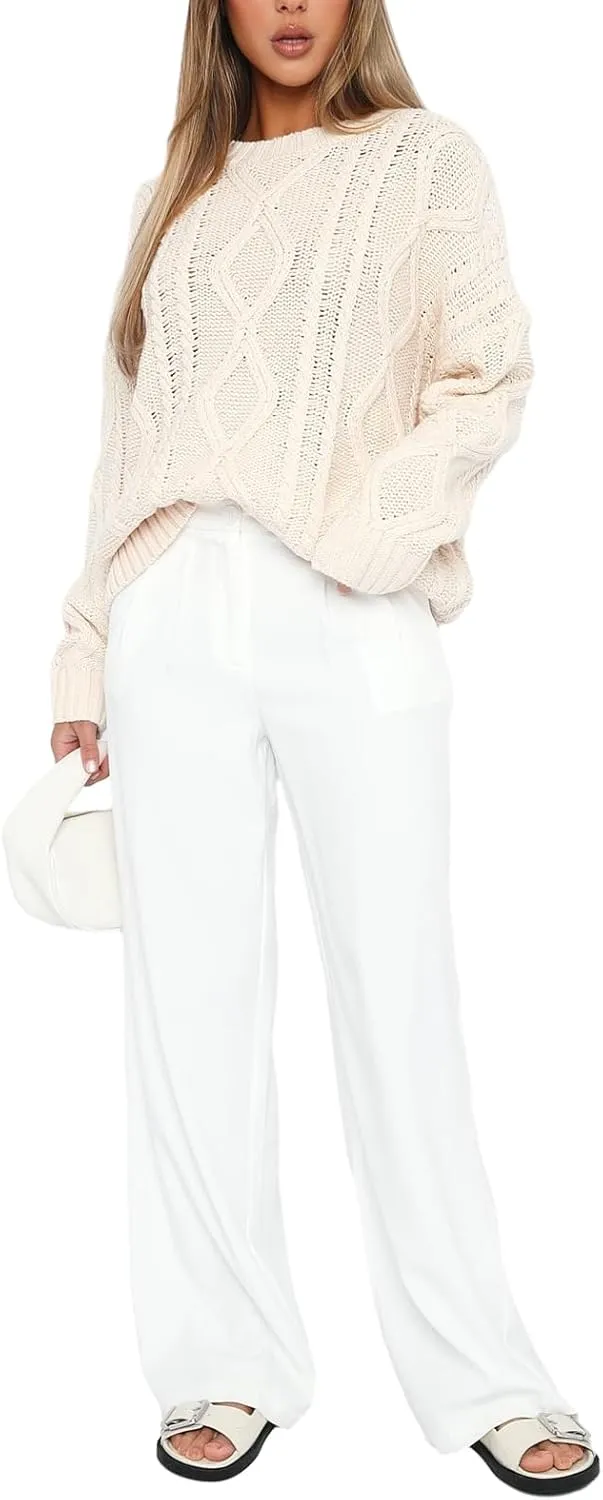 Women Oversized Cable Knit Sweater Y2K Casual Long Sleeve Pullover Sweater Vintage Aesthetic Streetwear