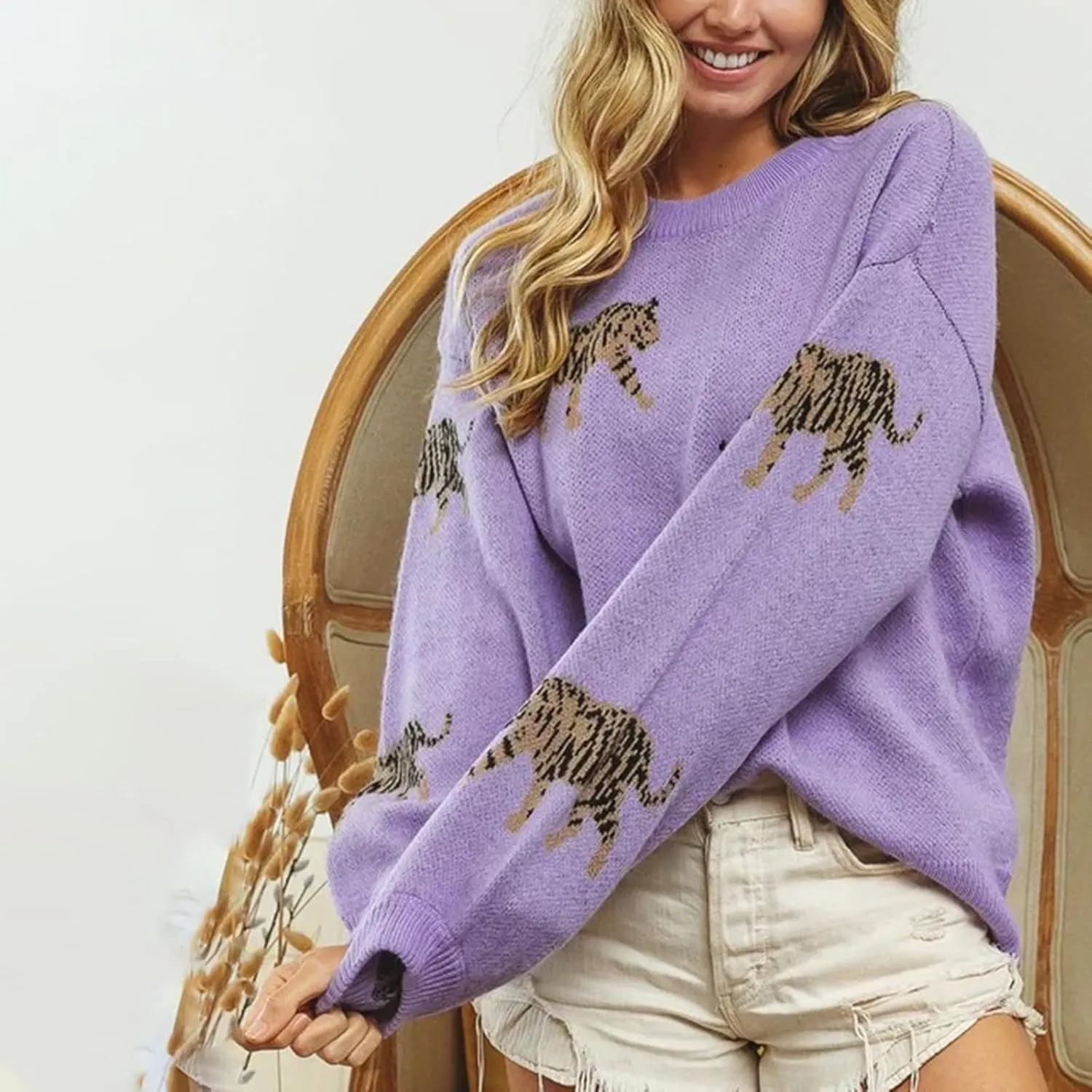 Women Oversized Knit Sweater Tiger Print Long Sleeve Pullover Tops Aesthetic Clothes Streetwear Knitwear
