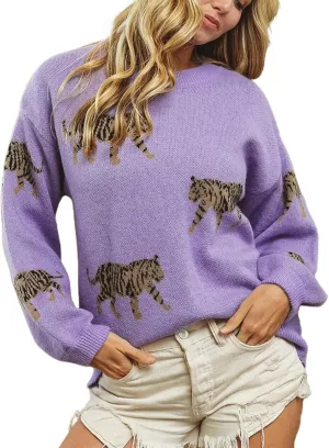Women Oversized Knit Sweater Tiger Print Long Sleeve Pullover Tops Aesthetic Clothes Streetwear Knitwear