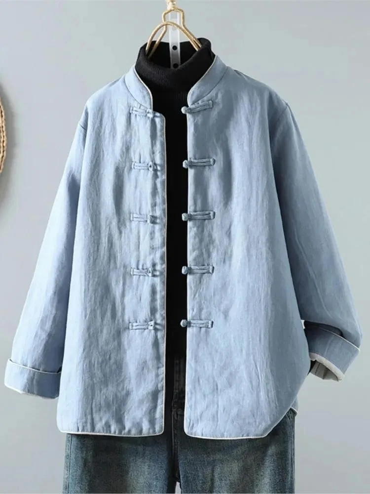 Women Padded Cotton Fall Winter Chinese Casual Loose Ladies Jacket Long Sleeve Coats