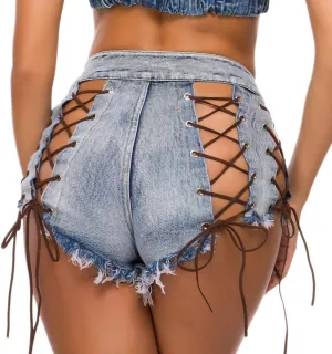 Women Sexy Booty Shorts Side Lace Up Denim Shorts Mini Hot Pants Clubwear