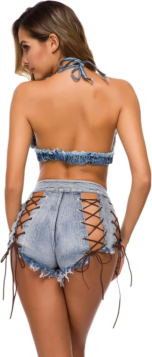 Women Sexy Booty Shorts Side Lace Up Denim Shorts Mini Hot Pants Clubwear