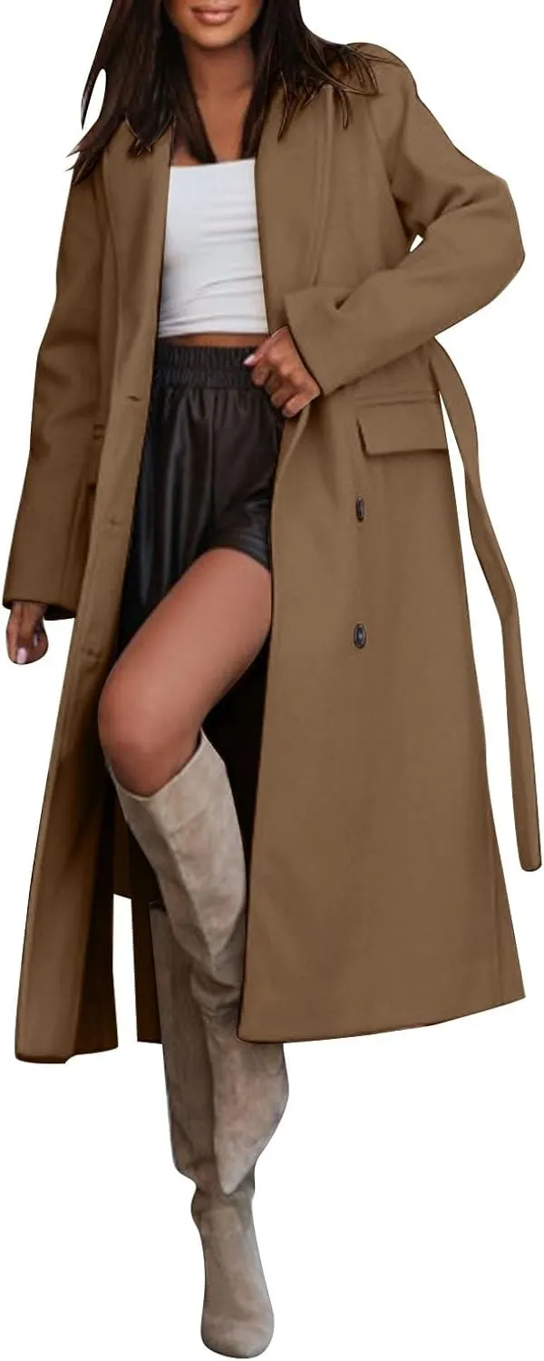 Women Slim Fit Long Overcoat Windbreaker Trench Coat Casual Lapel Open Front Cardigan Long Outwear Winter Warm Jacket