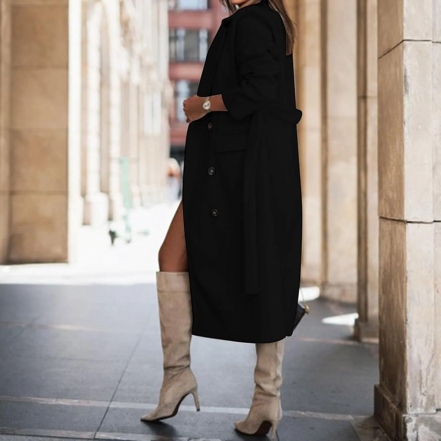 Women Slim Fit Long Overcoat Windbreaker Trench Coat Casual Lapel Open Front Cardigan Long Outwear Winter Warm Jacket