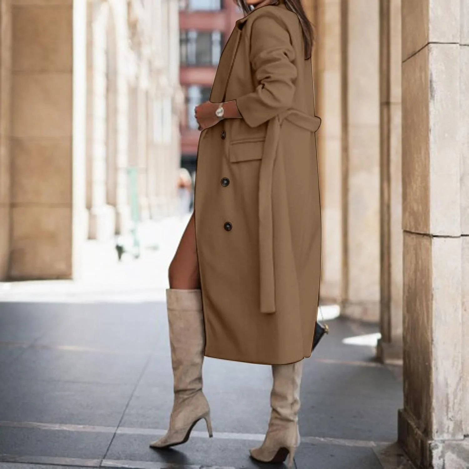 Women Slim Fit Long Overcoat Windbreaker Trench Coat Casual Lapel Open Front Cardigan Long Outwear Winter Warm Jacket