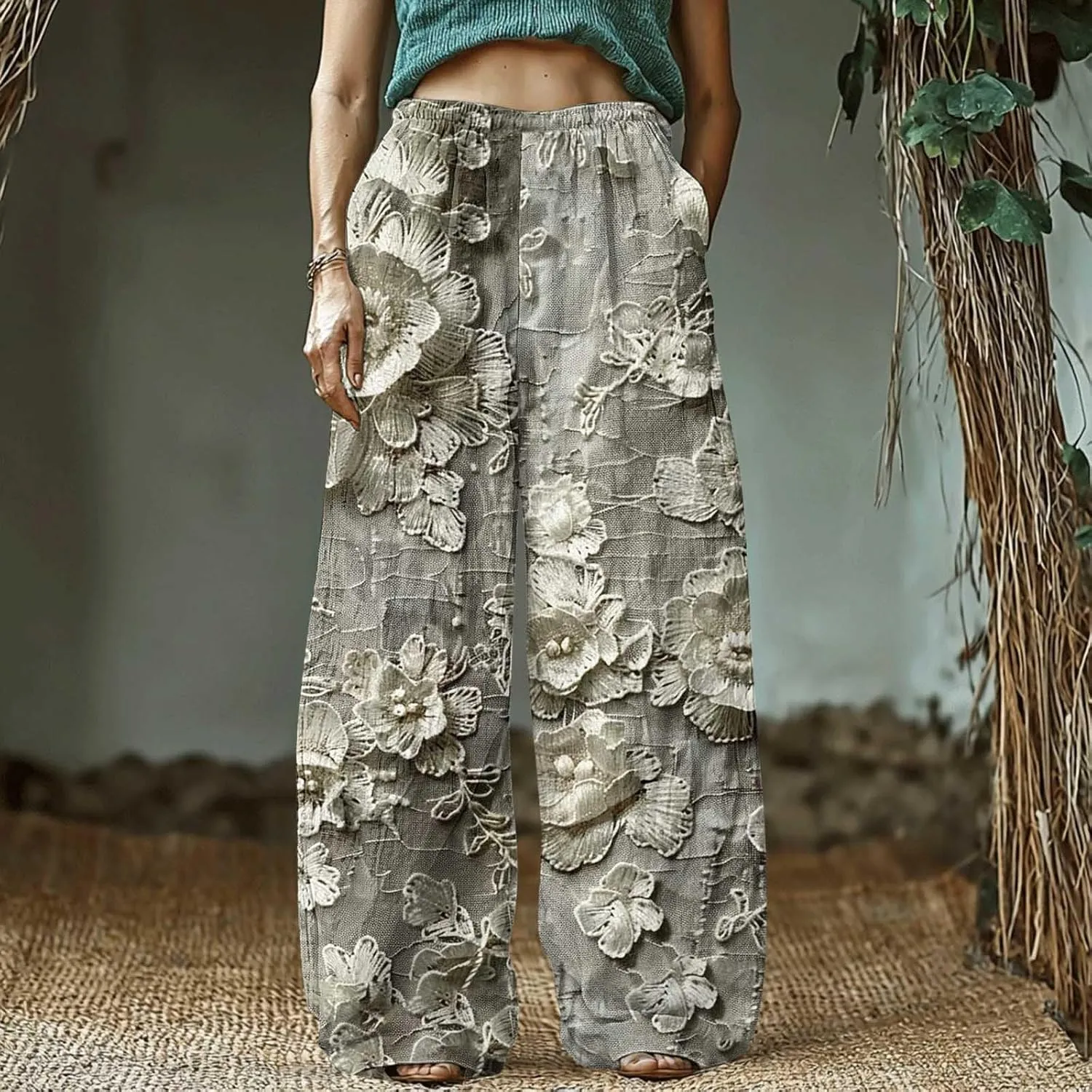 Women Summer Boho Palazzo Pants High Waist Wide Leg Vintage Floral Printed Casual Baggy Trousers with Pockets