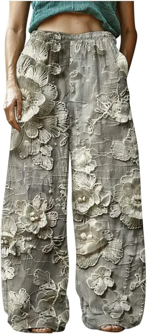 Women Summer Boho Palazzo Pants High Waist Wide Leg Vintage Floral Printed Casual Baggy Trousers with Pockets