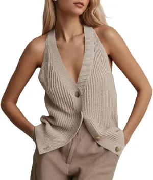Women Sweater Vest Tops Button Down V Neck Sleeveless Knit Tank Top Loose Fit Knit Cardigan Vest Solid Summer Shirts