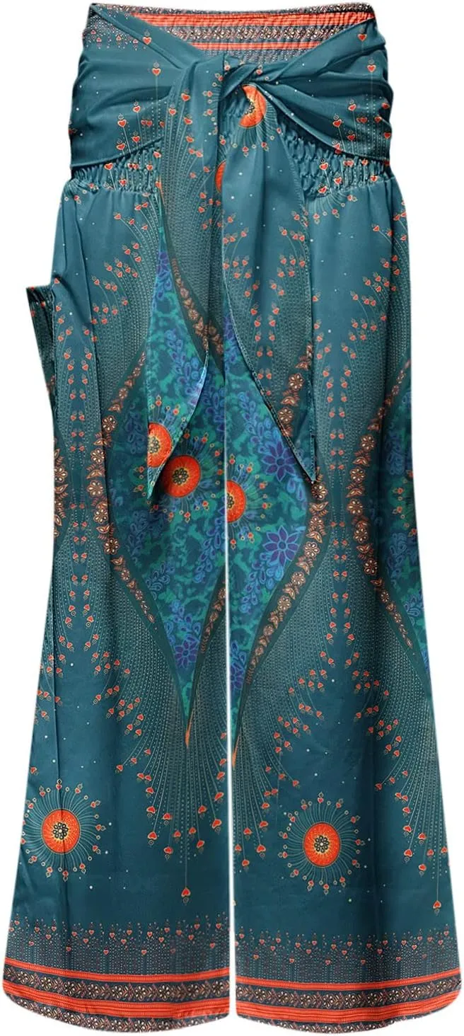 Women Vintage Boho Pants Floral Print Harem Yoga Trousers Fold Over High Waist Wide Leg Casual Pants with Pockets (Mint Green, XXL)