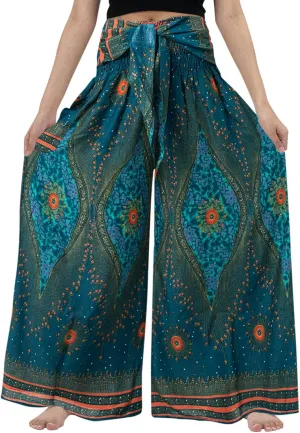 Women Vintage Boho Pants Floral Print Harem Yoga Trousers Fold Over High Waist Wide Leg Casual Pants with Pockets (Mint Green, XXL)