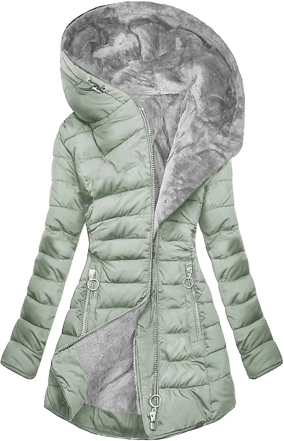 Women Warm Down Jacket with Hood Fur Long Puffer Coat Solid Color Hooded Plush Cotton Outerwear with Pockets