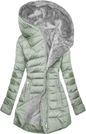 Women Warm Down Jacket with Hood Fur Long Puffer Coat Solid Color Hooded Plush Cotton Outerwear with Pockets