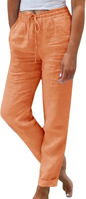 Women Wide Leg Pants Ladies Summer Elastic High Waist Solid Color Cotton Linen Wide Leg Loose Pants Summer Palazzo
