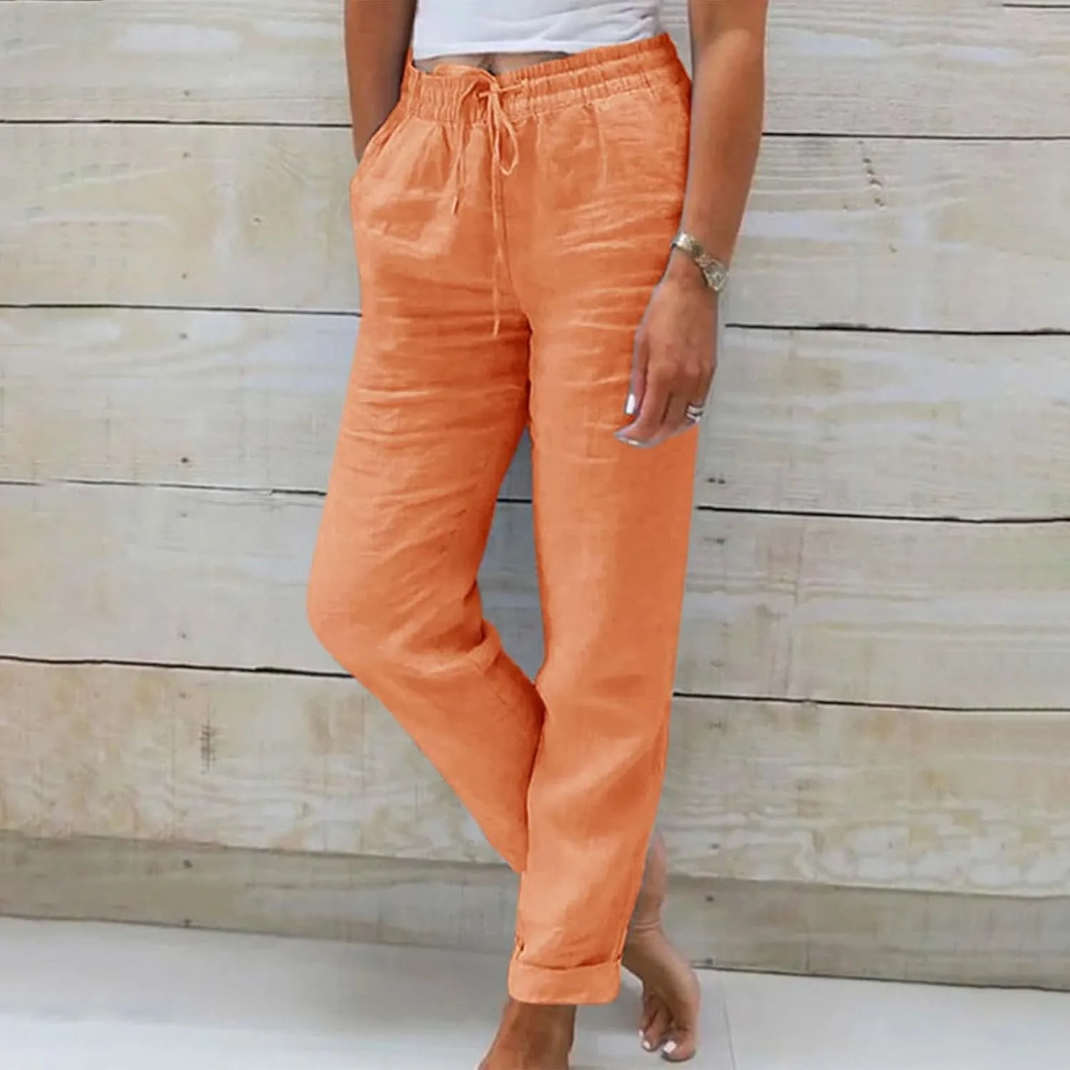 Women Wide Leg Pants Ladies Summer Elastic High Waist Solid Color Cotton Linen Wide Leg Loose Pants Summer Palazzo
