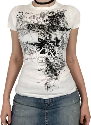Women Y2k Grunge Shirt Goth Vintage Graphic Tee 2000s Aesthetics Short Sleeve Crewneck T-Shirt Summer Going Out Top