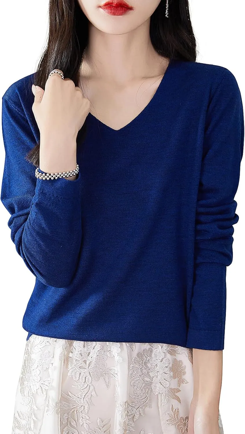 Women's 100% Merino Wool Base Layer Shirt Tops V Neck Long Sleeve Travel Hiking Tee T Shirt Pullover Sweater