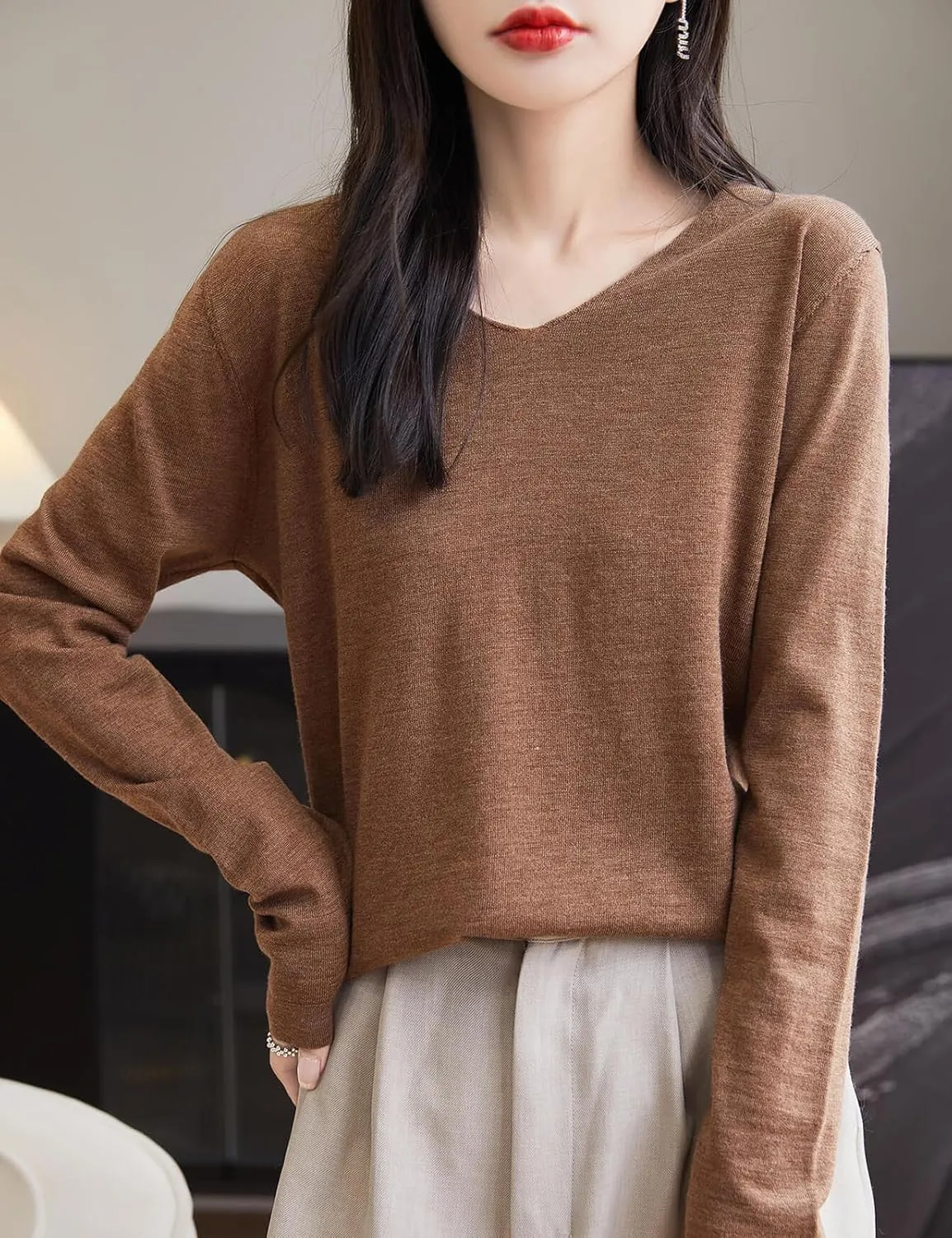 Women's 100% Merino Wool Base Layer Shirt Tops V Neck Long Sleeve Travel Hiking Tee T Shirt Pullover Sweater