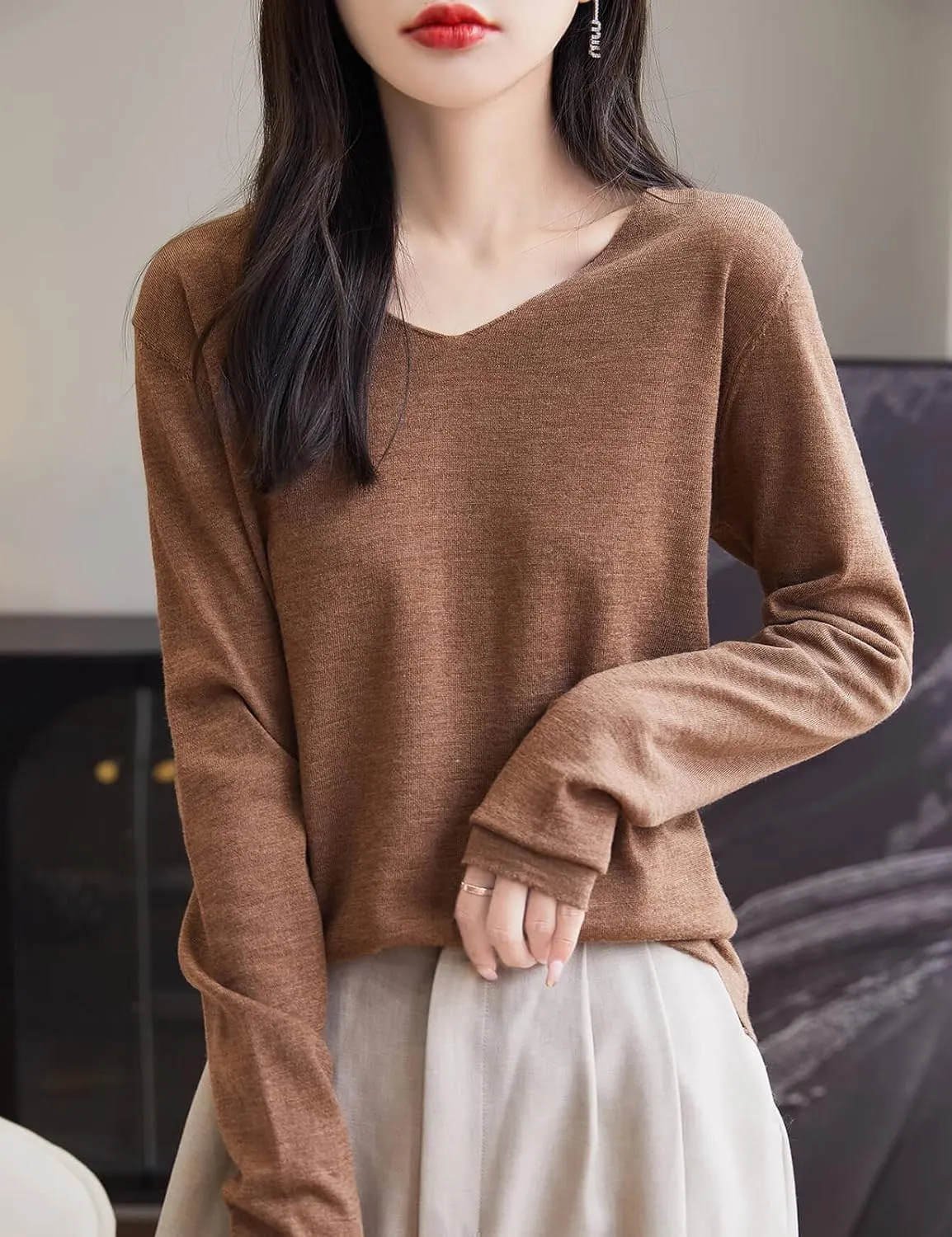 Women's 100% Merino Wool Base Layer Shirt Tops V Neck Long Sleeve Travel Hiking Tee T Shirt Pullover Sweater