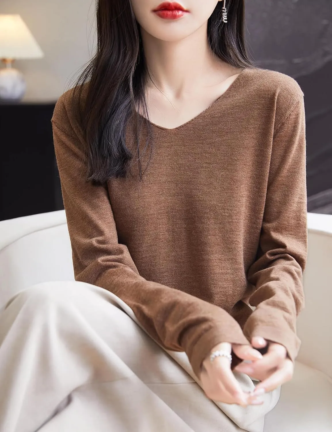Women's 100% Merino Wool Base Layer Shirt Tops V Neck Long Sleeve Travel Hiking Tee T Shirt Pullover Sweater