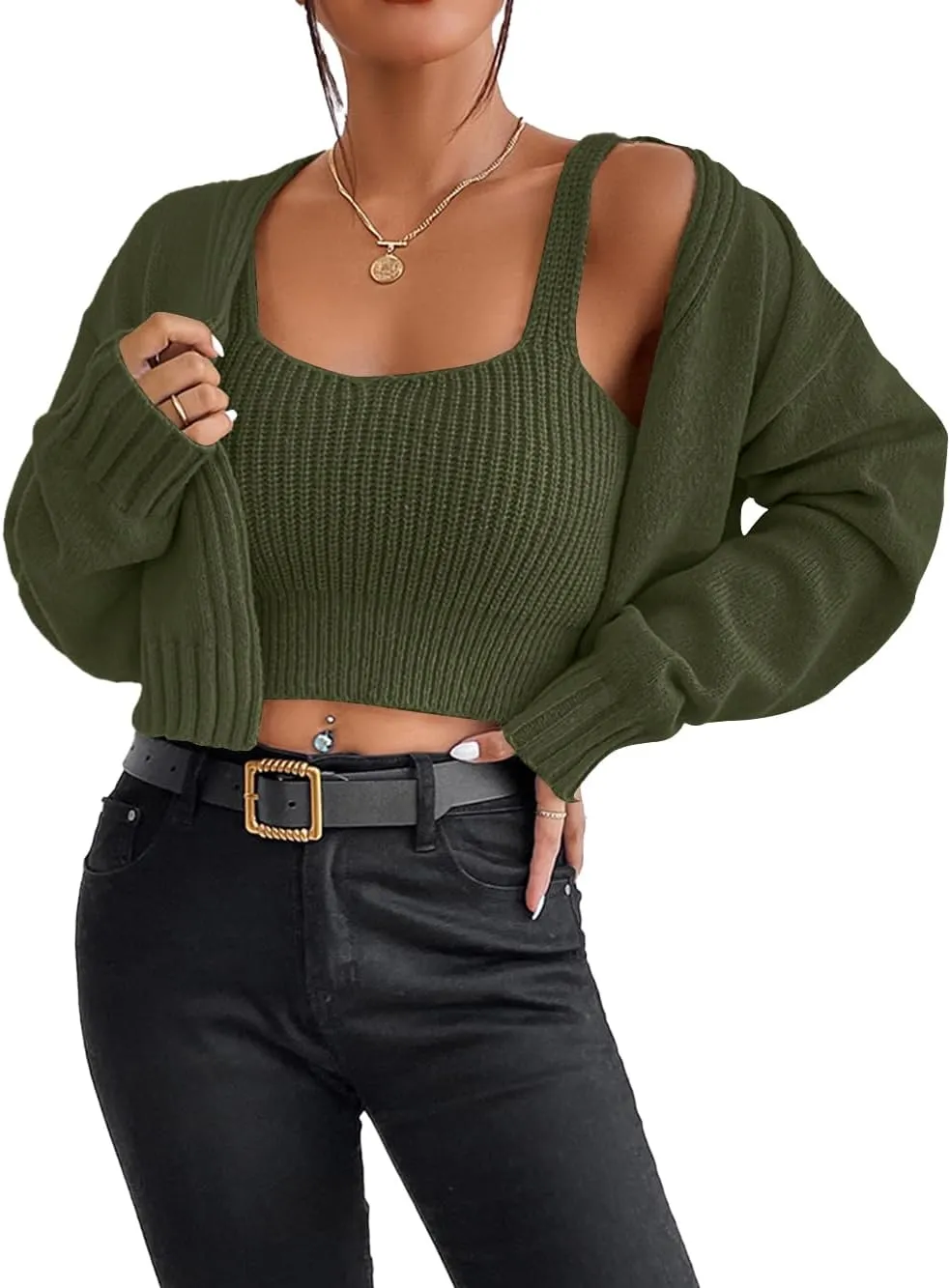 Women's 2 Piece Sweater Set Long Sleeve Cropped Cardigan Sweater Crop Top Set