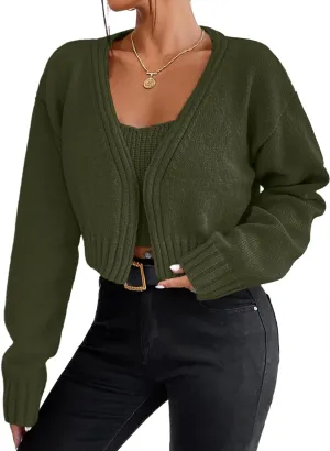 Women's 2 Piece Sweater Set Long Sleeve Cropped Cardigan Sweater Crop Top Set