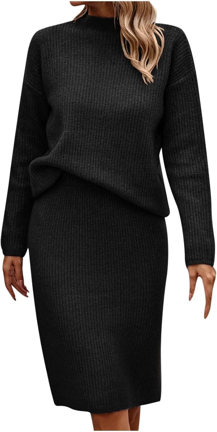Womens 2023 Fall Two Piece Outfits Ribbed Knit Long Sleeve Pullover Sweater and Midi Skirt Sets Solid Color Loungewear