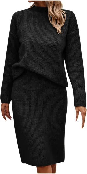 Womens 2023 Fall Two Piece Outfits Ribbed Knit Long Sleeve Pullover Sweater and Midi Skirt Sets Solid Color Loungewear