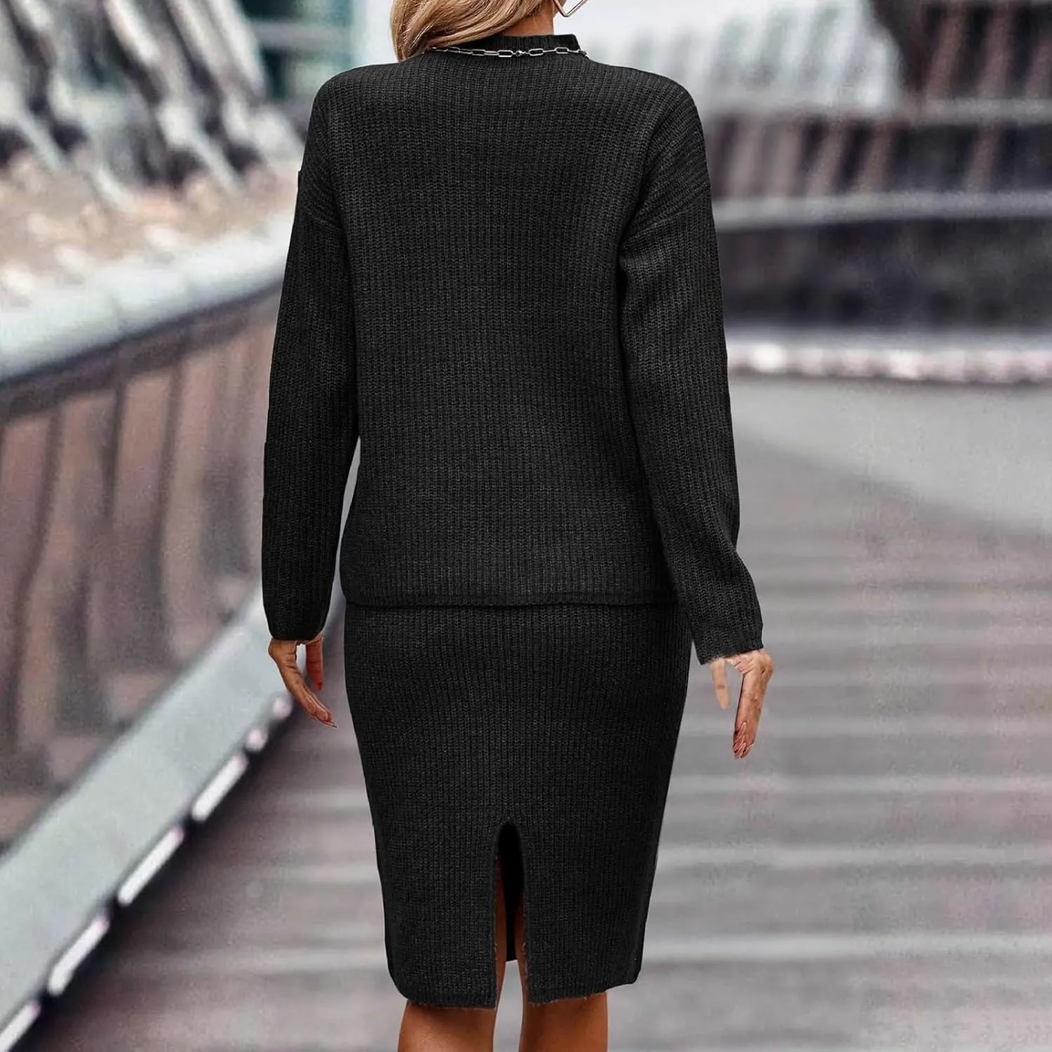 Womens 2023 Fall Two Piece Outfits Ribbed Knit Long Sleeve Pullover Sweater and Midi Skirt Sets Solid Color Loungewear