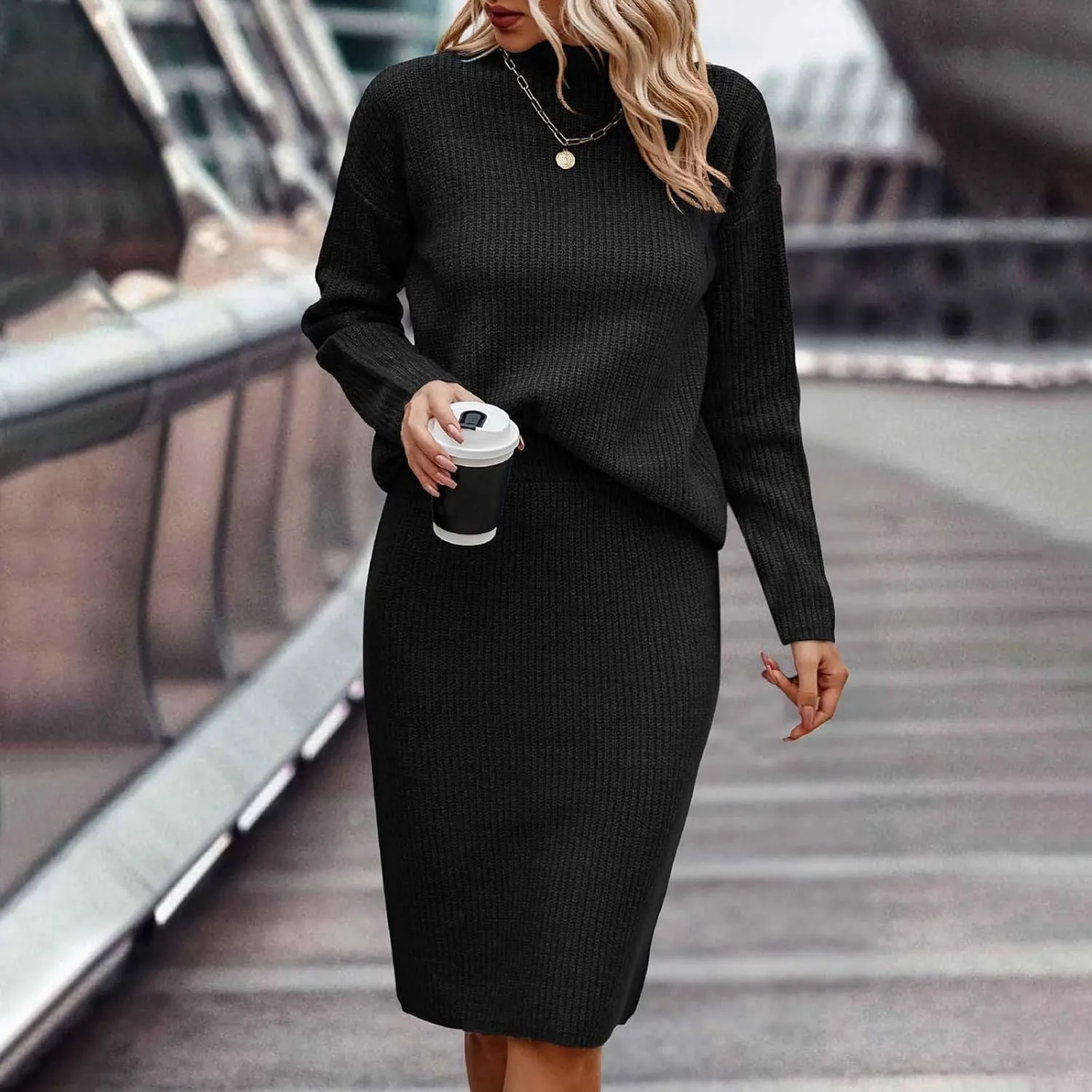 Womens 2023 Fall Two Piece Outfits Ribbed Knit Long Sleeve Pullover Sweater and Midi Skirt Sets Solid Color Loungewear