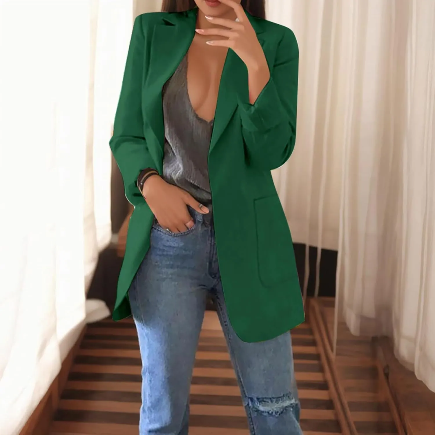 Womens 2024 Fashion Solid Overcoat Open Front Long Sleeve Outwear Lightweight Loose Oversized Jacket Coat Work Clothes