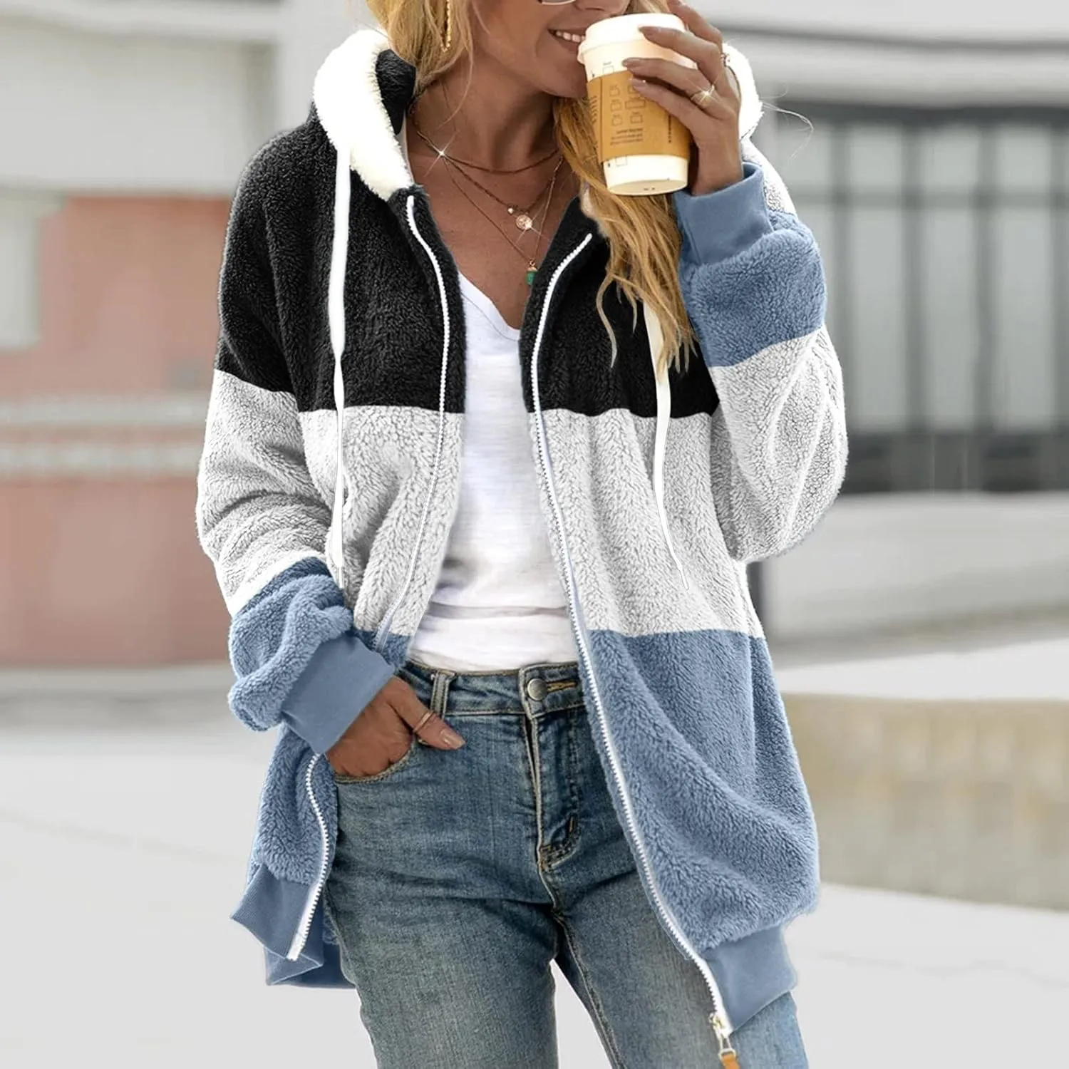 Womens 2024 Plus Size Fuzzy Fleece Jacket Winter Full Zip Plush Hooded Cardigan Coats Soft Shaggy Warm Outerwear